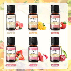 Set of six EUQEE fragrance oil bottles for men and women, 10ml each, by Hot Trend Vault, with colorful packaging.