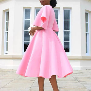 Elegant Dresses for Women V Neck Flare Sleeve High Waisted Pleated A Line Mid Calf Luxury Birthday Party Dinner Vestidos Mujer