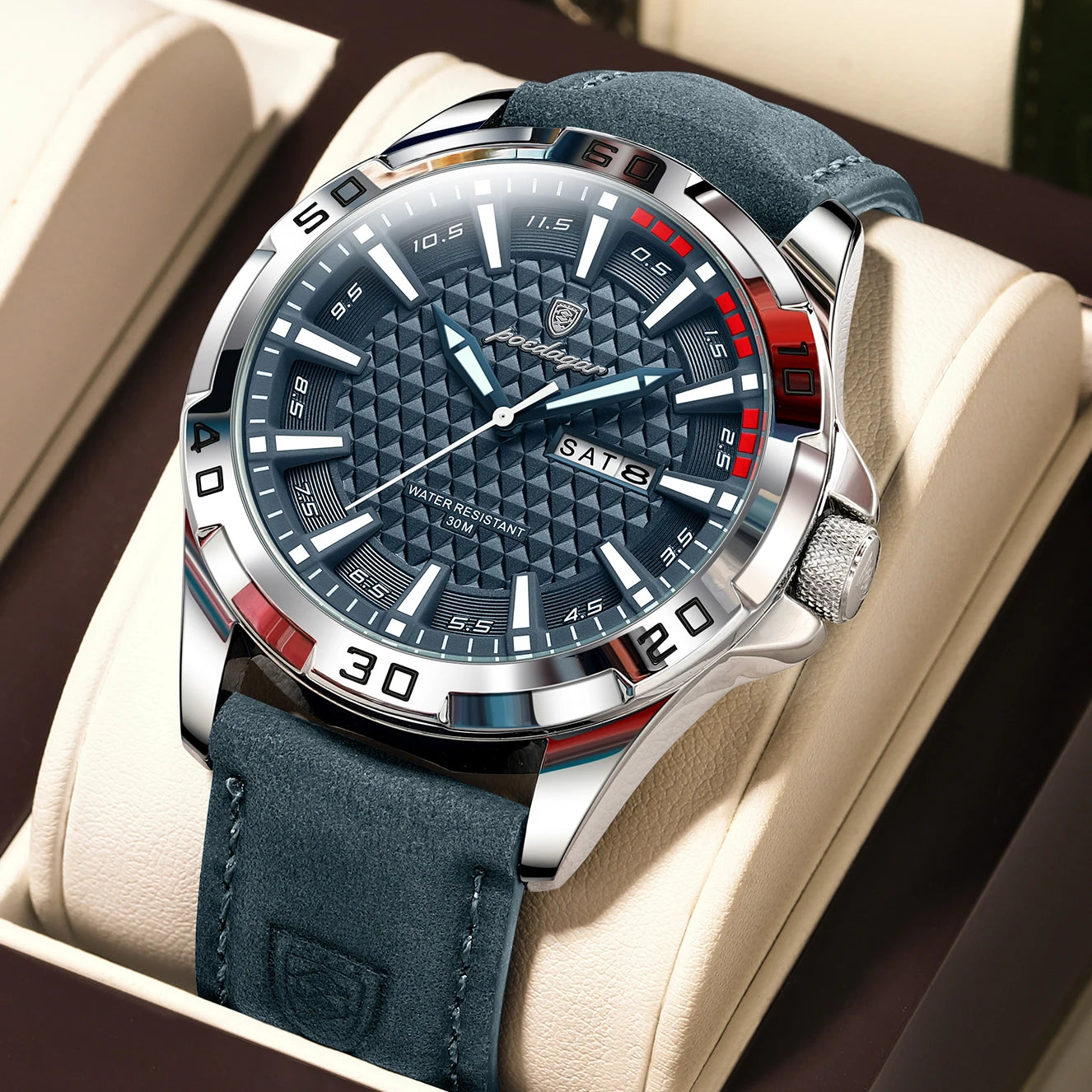 Men's luxury waterproof quartz leather watch with date from Hot Trend Vault, featuring a sleek design and classic accessory style.