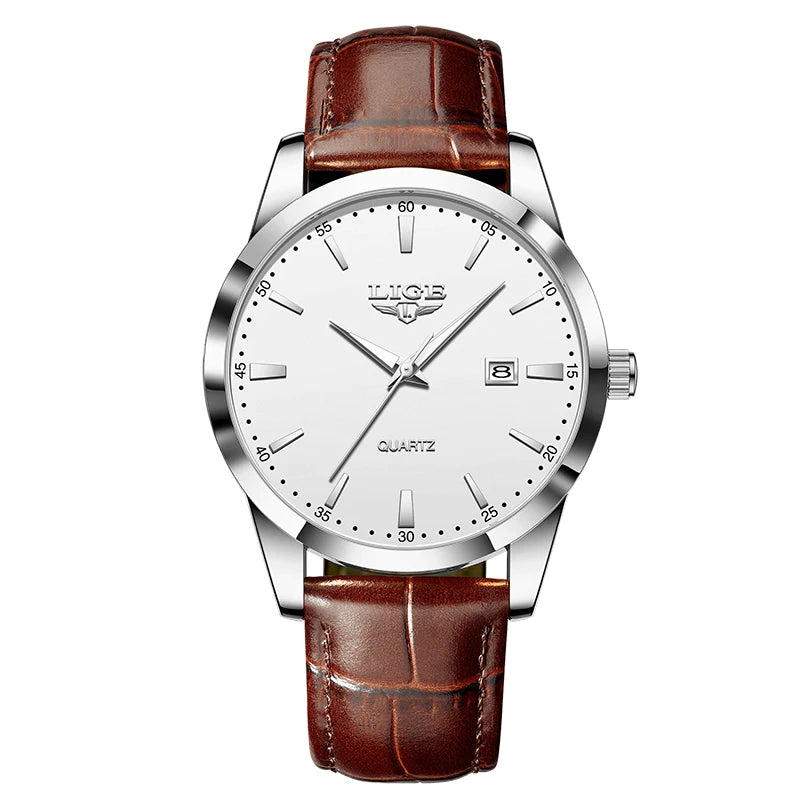 Men's LIGE leather chronograph watch with waterproof military design, featuring a black dial and stainless steel strap.