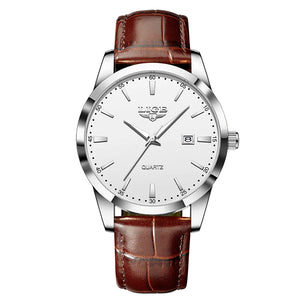 Men's LIGE leather chronograph watch with waterproof military design, featuring a black dial and stainless steel strap.