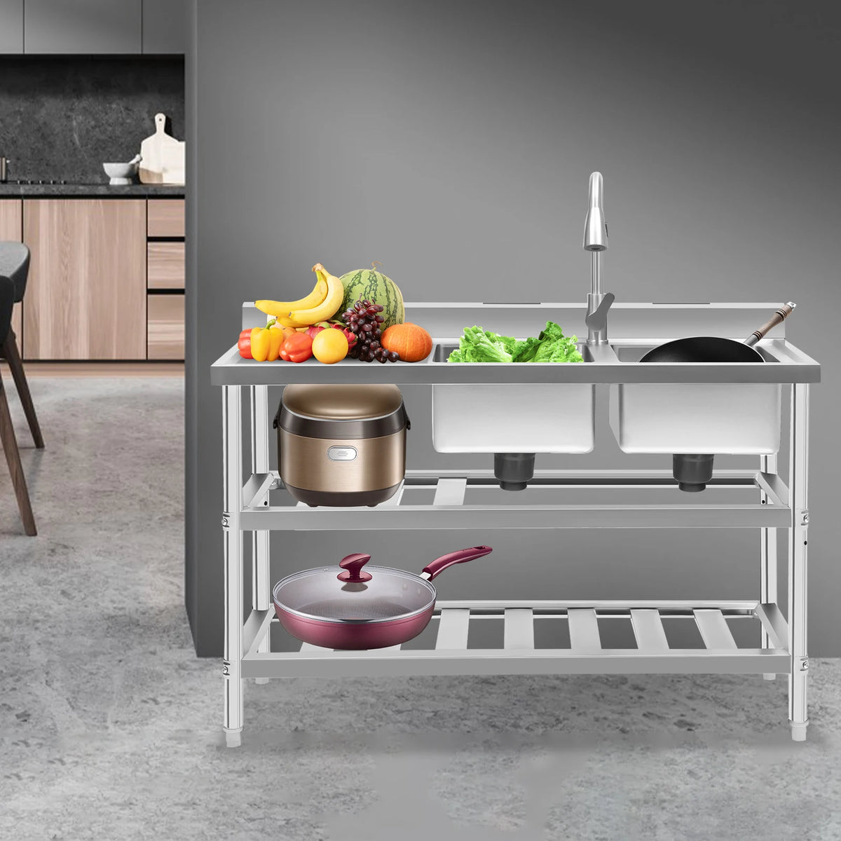 304 Stainless Steel Sink Commercial Restaurant Kitchen Sink with Drawable Hot &amp; Cold Water Faucet