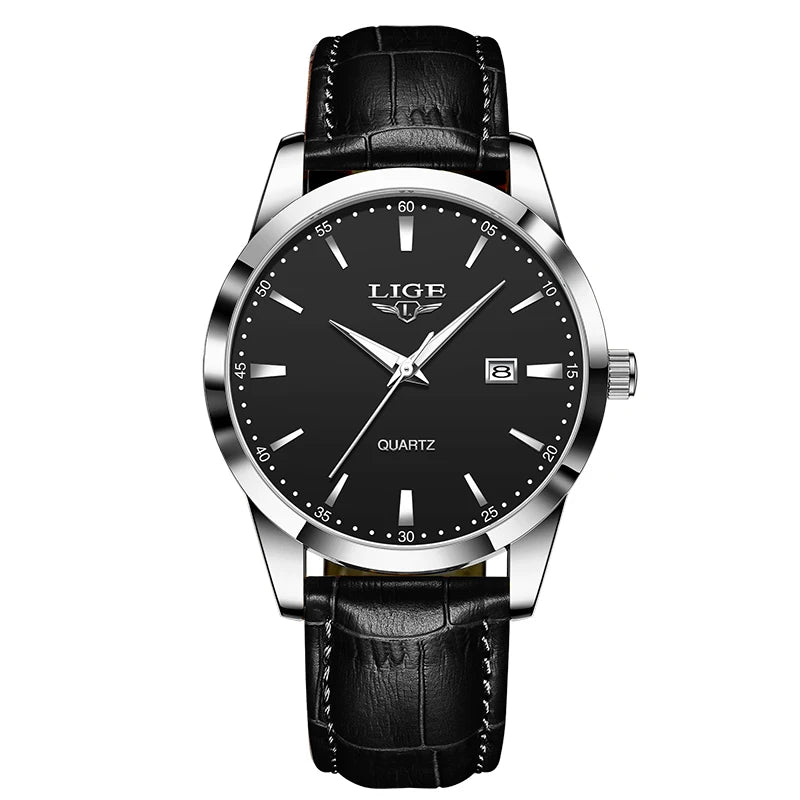 Men's LIGE leather chronograph watch with waterproof military design, featuring a black strap and detailed dial.
