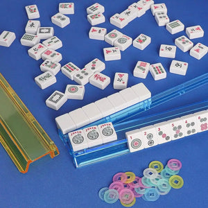 Set of four multicolor acrylic Mahjong tile pushers for family board game storage and organization by Hot Trend Vault.