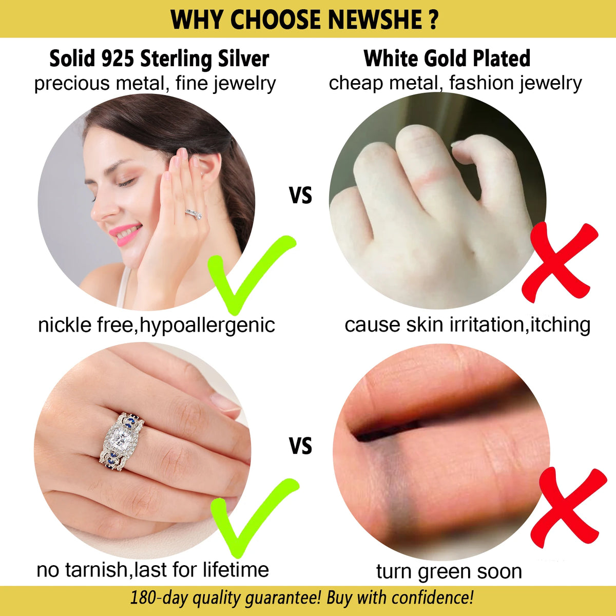 Newshe 3 Pcs Wedding Rings Set for Women 925 Silver 2.6Ct Princess Cut White Blue AAAAA CZ Luxury Bridal Engagement Jewelry