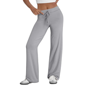 Activewear Women Wide Leg Pants Casual Cotton Yoga Pants With Pockets High Waist Drawstring Baggy Sweatpants Flare Leggings