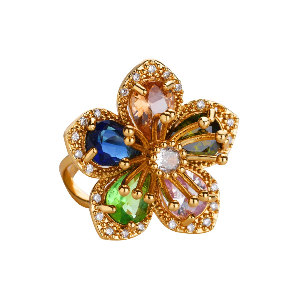Green Zircon Flower Rings For Women Gold Color Stainless Steel Flower Floral Ring Elegant Luxury Wedding Aesthetic Jewelry Gift