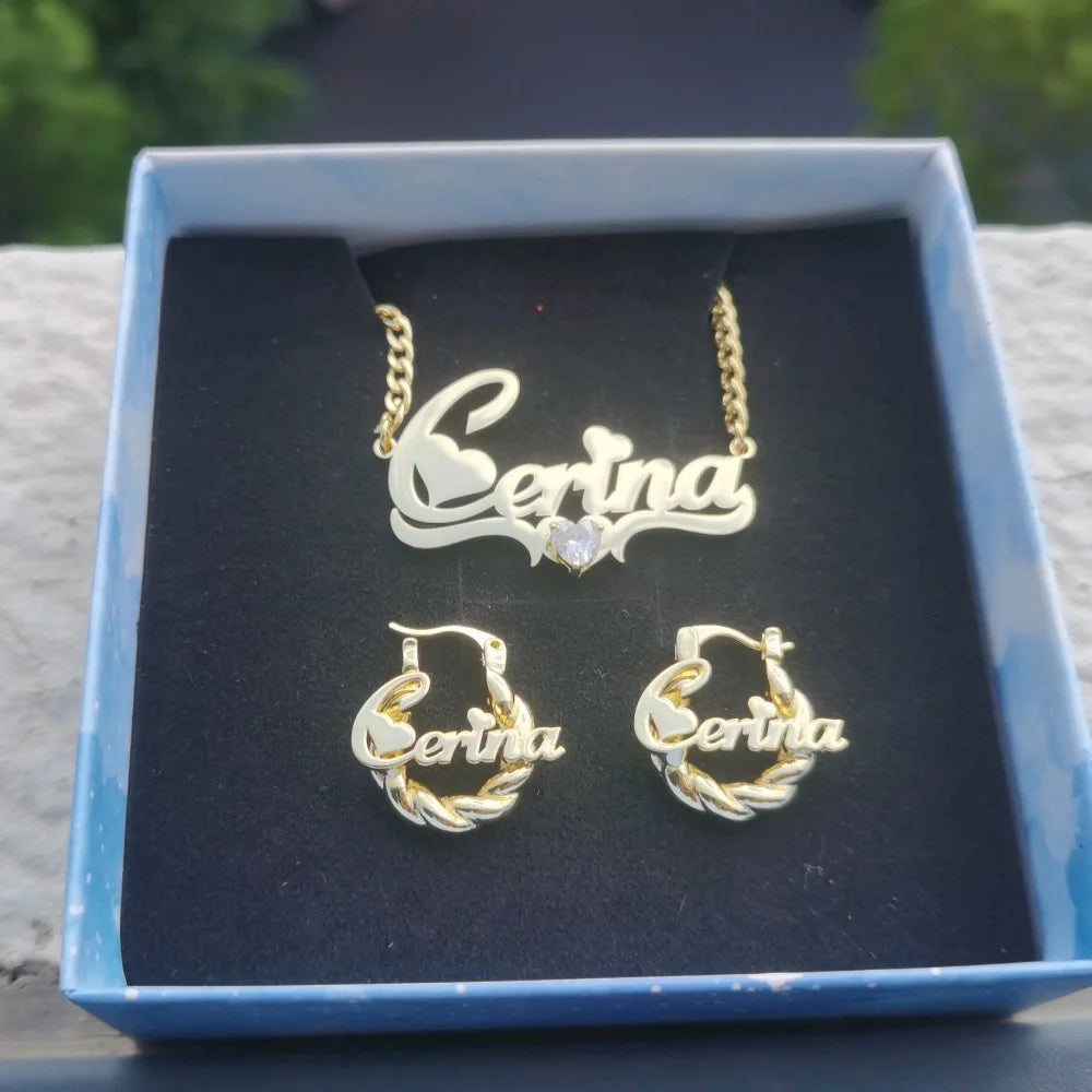 LeeChee Heart Zircon Custom Name Necklace 18mm Mini Twist Earrings Jewelry Set Gift For Girls