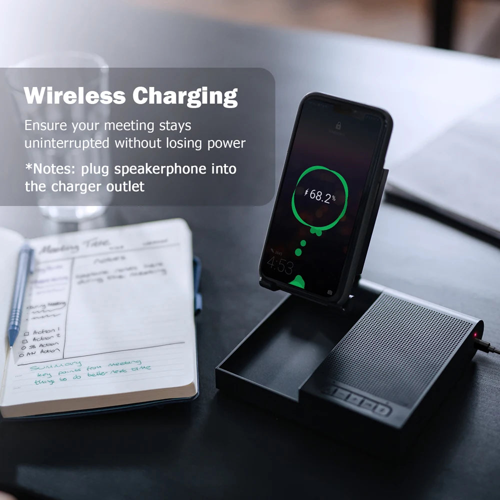 Wireless Bluetooth speaker by Hot Trend Vault with 15W charger, adjustable phone stand, and 8-hour playtime on a desk.