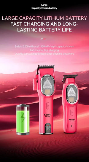 Kemei KM-8502 cordless hair clipper kit with adjustable blades and accessories for home grooming, displayed on a clean surface.