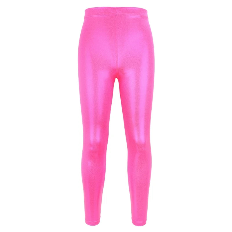 Girls shiny metallic ballet leggings by Hot Trend Vault, breathable high-elastic dance pants for costumes, shown in reflective silver fabric.