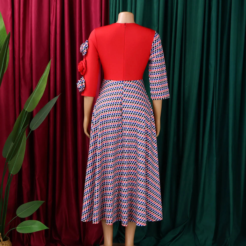 Elegant Dresses for Women 2025 Fall Fashion African 3/4 Sleeve Party Birthday New Robe Chic 3D Flower Plaid Evening A-Line Dress