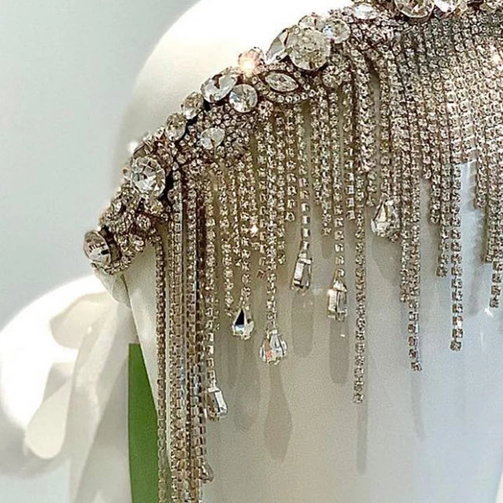 Beaded tassel head chain with rhinestones for women, bridal headband featuring stone fans and intricate design by Hot Trend Vault