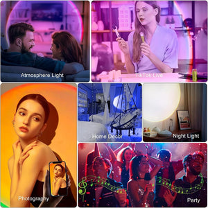 Hot Trend Vault sunset lamp with remote showcasing vibrant RGB lights in 16 colors, ideal for photography and mood lighting.