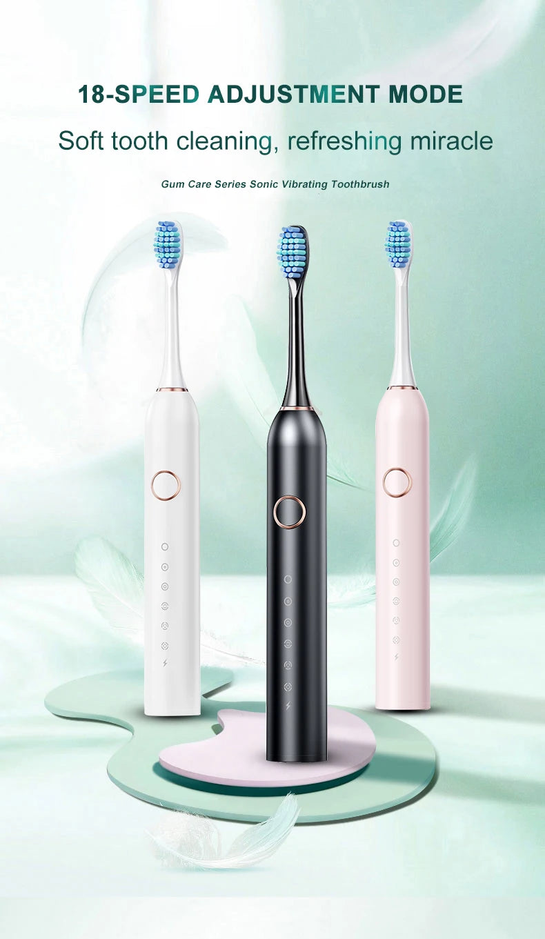 Hot Trend Vault GeZhou Sonic Electric Toothbrush for adults with 6 brushing modes, timer, USB rechargeability, and replacement heads.