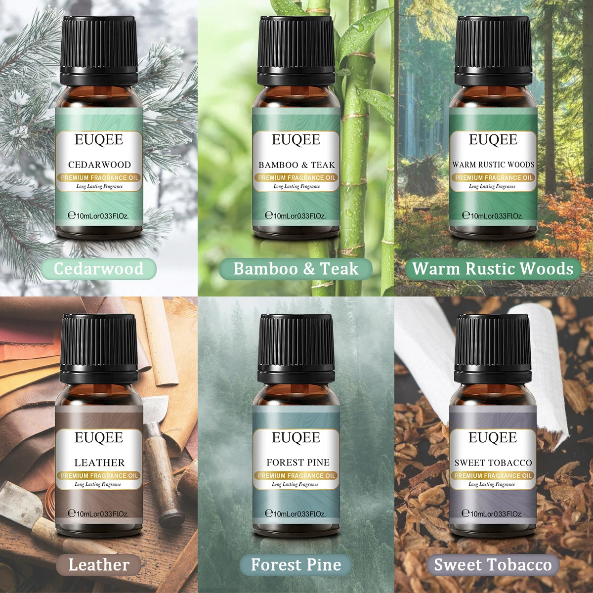 Set of six 10ml EUQEE fragrance oil bottles for men and women by Hot Trend Vault, featuring colorful packaging and rollerball applicators.