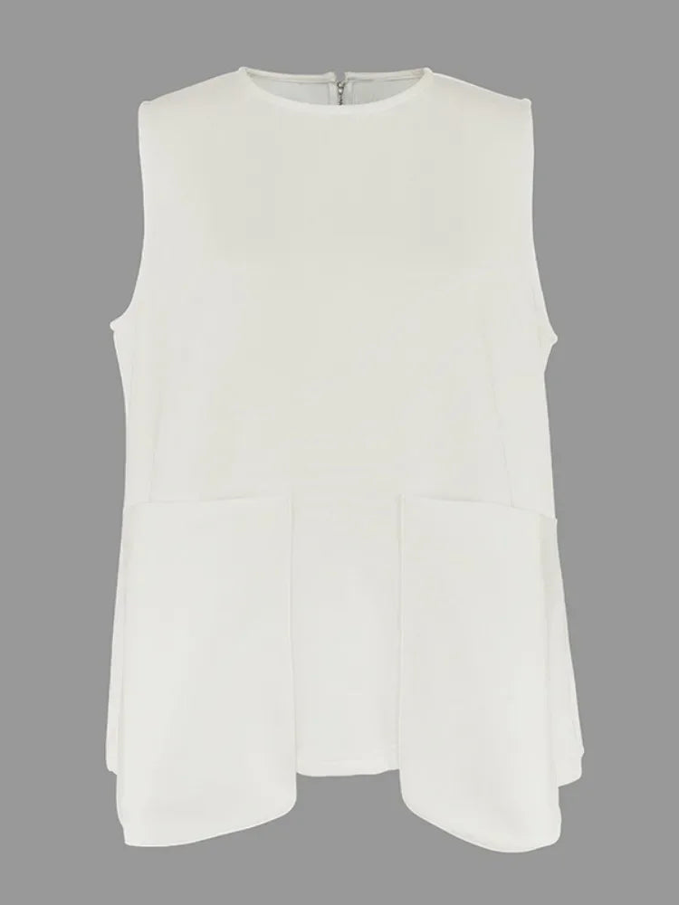 White Sleeveless Tops for Women Pockets Vest Tops 2025 New Fashion Round-Neck A-Line Loose Casual Summer T-shirts