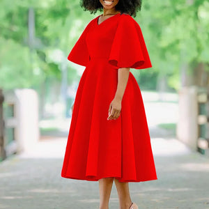 Elegant Dresses for Women V Neck Flare Sleeve High Waisted Pleated A Line Mid Calf Luxury Birthday Party Dinner Vestidos Mujer