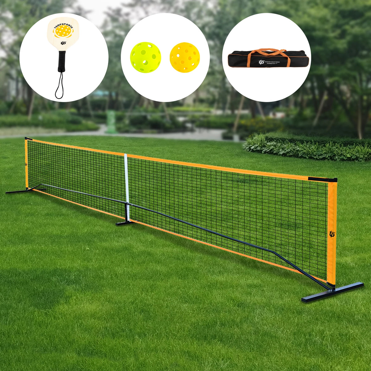Hot Trend Vault portable pickleball net set with four paddles, balls, and carry bag for backyard family fun.