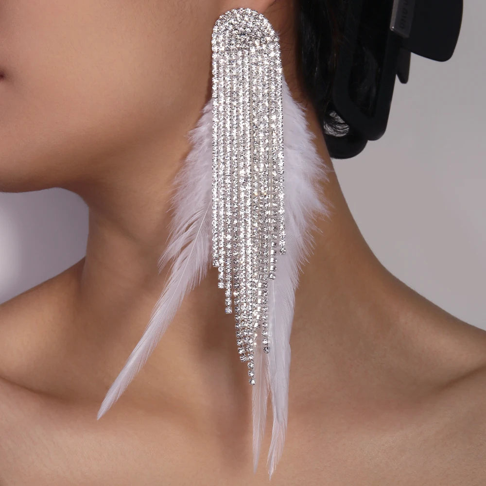 Stonefans tassel feather earrings with geometric crystal drops, boho wedding jewelry for women, by Hot Trend Vault.