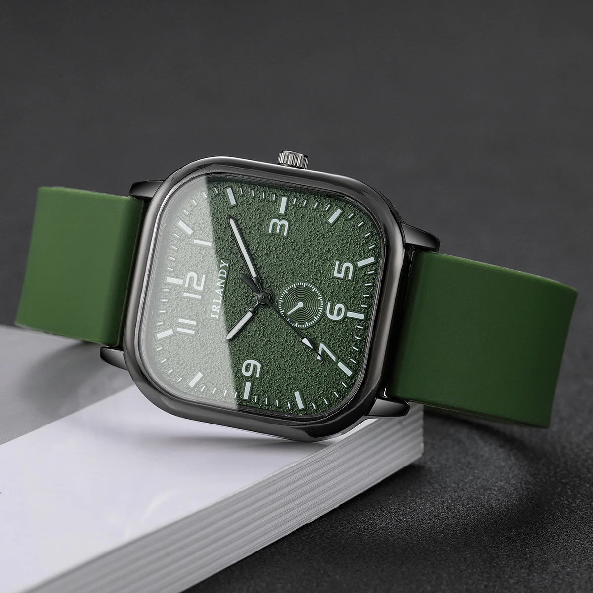 Square watch with silicone strap and quartz movement, unisex casual wristwatch by Hot Trend Vault, shown in black with minimal design.