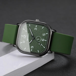 Square watch with silicone strap and quartz movement, unisex casual wristwatch by Hot Trend Vault, shown in black with minimal design.