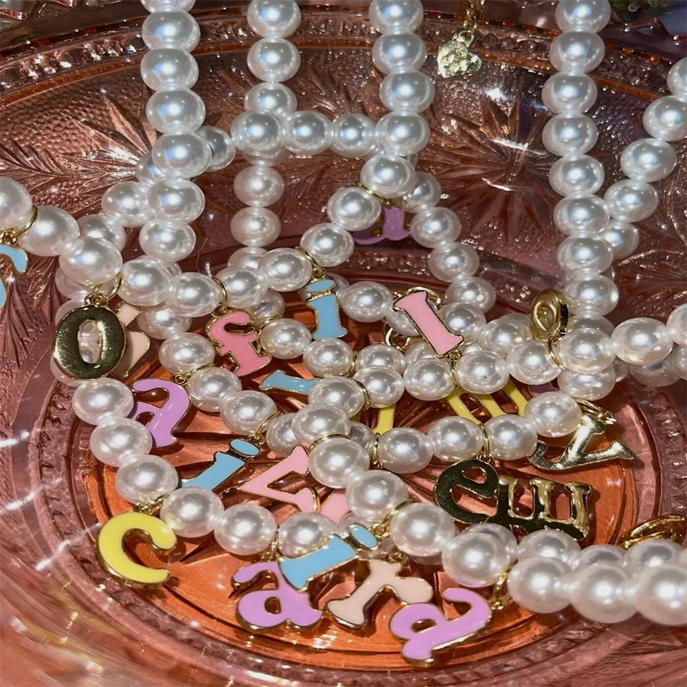 Custom Pearl Colorful Letter Necklace For Women Gold Color Stainless Steel Personalized Customized Necklace Fashion Jewelry Gift