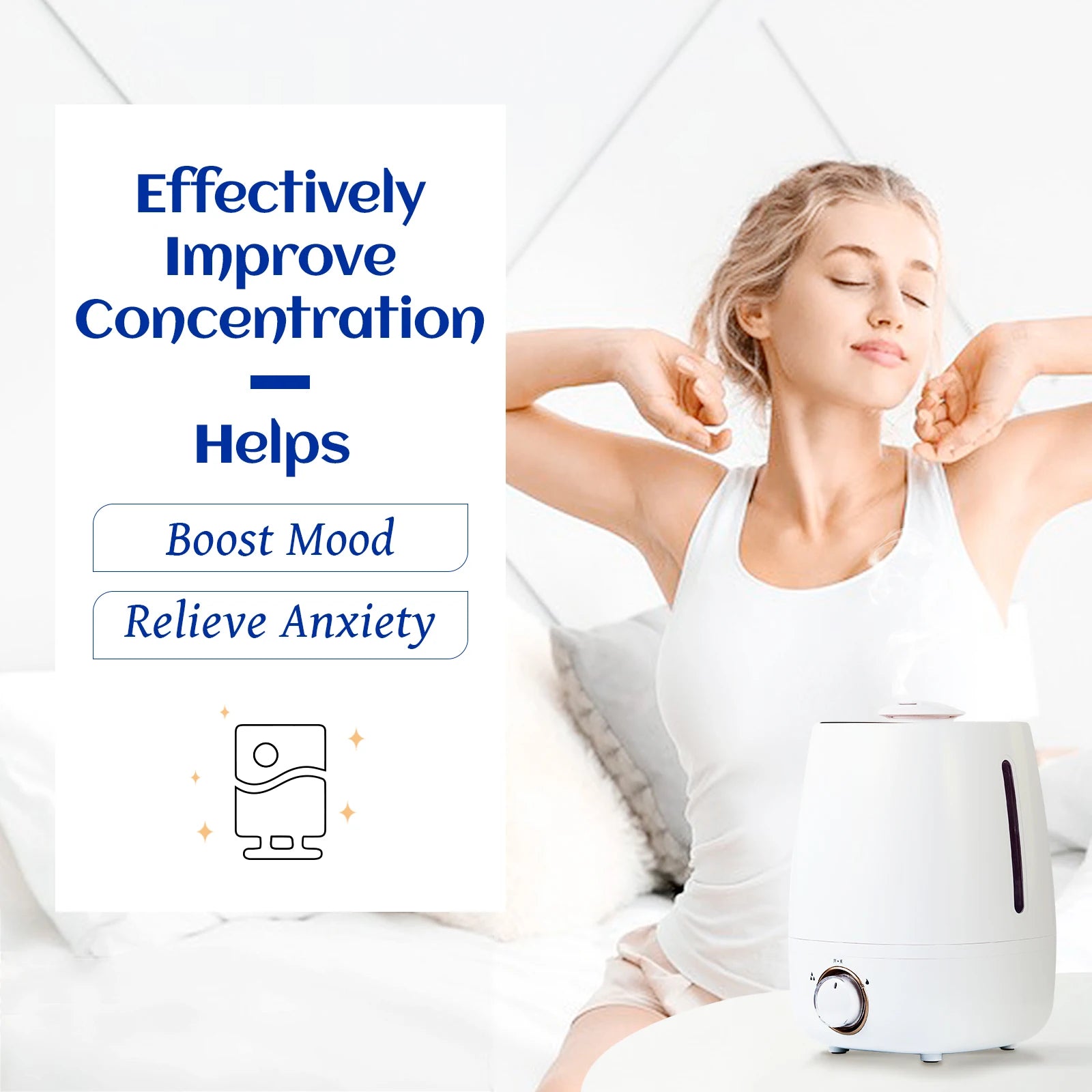 Hot Trend Vault HIQILI Essential Oil Blend 100ml calming diffuser with spa fans, showcasing a sleek design and aromatic oil bottles.