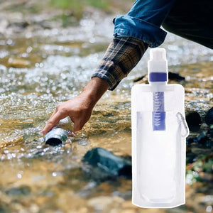 Foldable water bottle with built-in filter by Hot Trend Vault, ideal for outdoor activities and travel, shown in a compact, flexible design.