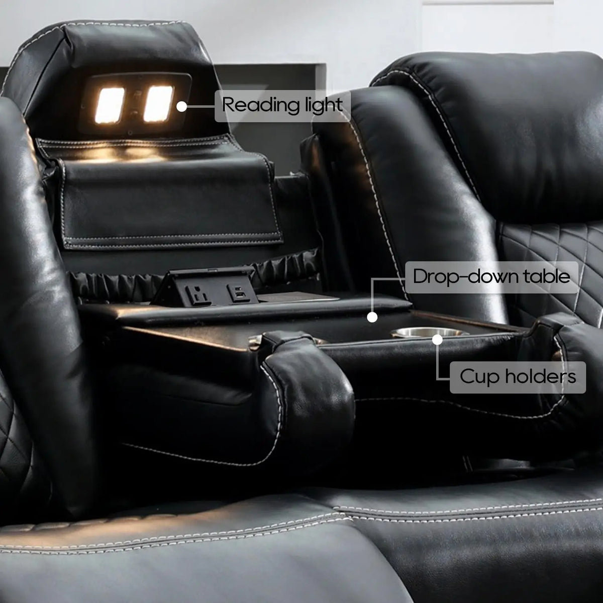 Todrani Premium 0 Gravity Power Reclining Sofa by Hot Trend Vault with wireless charger, USB Type-C, and LED floor lights in a modern living room