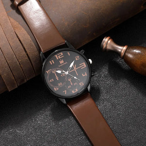 Men's sports watch set with five retro-style brown leather strap watches featuring large dials and quartz movement.