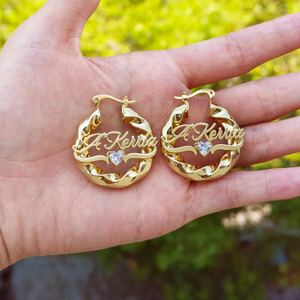 2 Pcs Set Custom Name Jewelry Set Personalized Birthstone Name Necklace 30mm/50mm Heart Bamboo Hoop Earrings for Christmas Gift