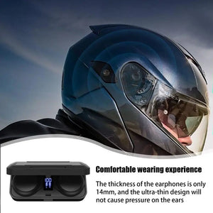 Wireless motorcycle headset with noise cancelling for riders, Hot Trend Vault Pro model, shown with ear speakers and microphone.
