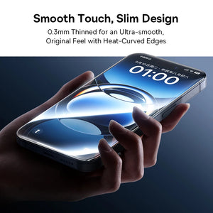 Baseus 16 Pro Max AntiPeep tempered glass screen protector showing a close-up of the edge and privacy filter on a smartphone screen.