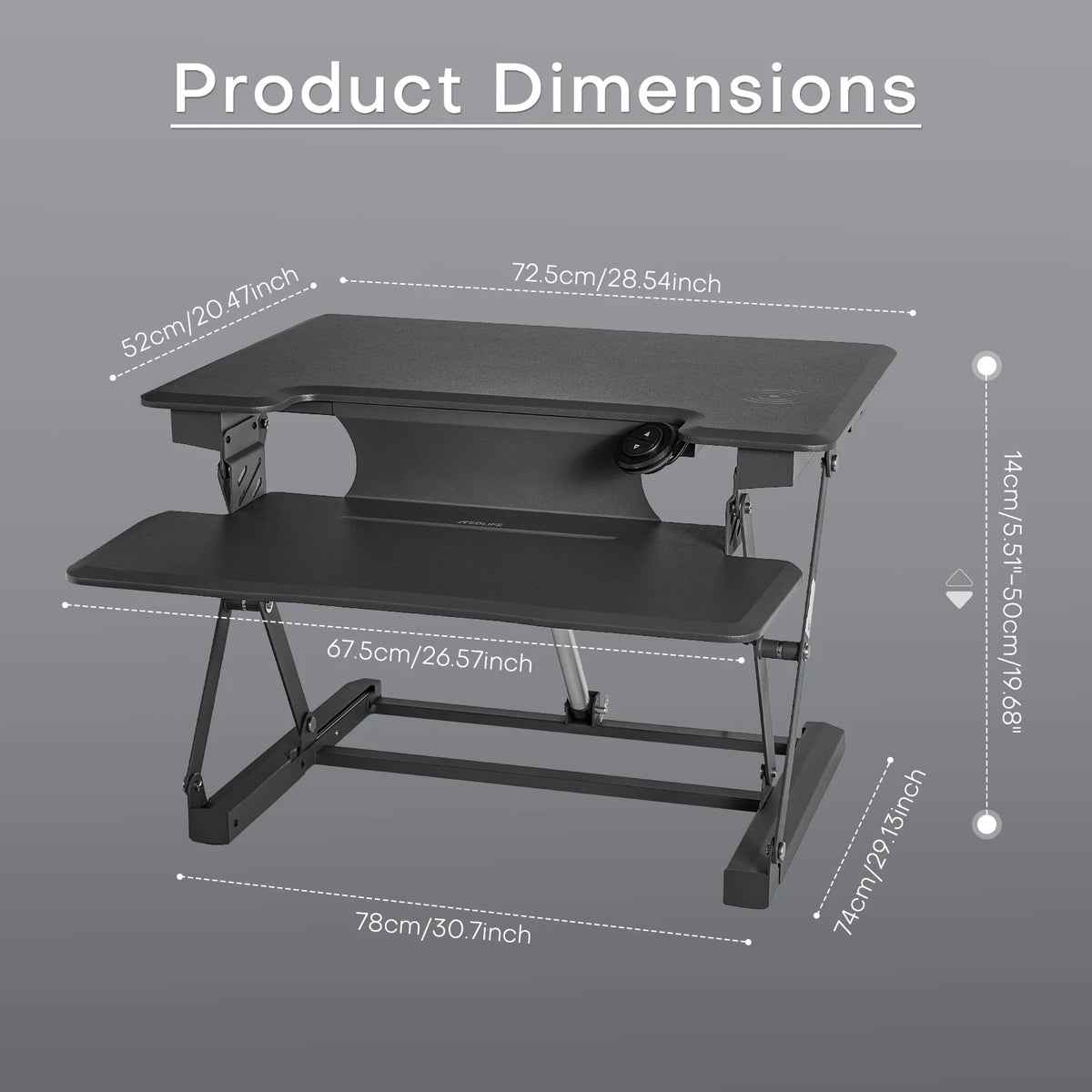 Redlife standing desk converter with built-in wireless charger, adjustable height, ideal for office work by Hot Trend Vault.