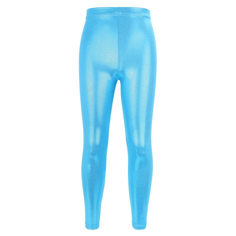Girls shiny metallic ballet leggings by Hot Trend Vault, breathable high-elastic dance pants for costumes, shown in metallic finish.