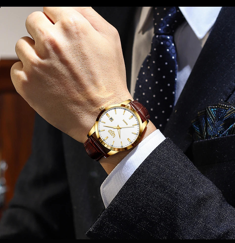 Men's LIGE leather watch with chronograph, waterproof, military-style design, featuring a black strap and silver dial.