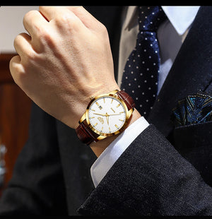Men's LIGE leather watch with chronograph, waterproof, military-style design, featuring a black strap and silver dial.