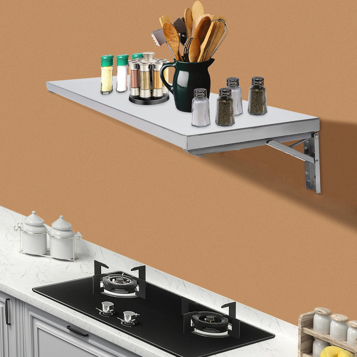 304 Stainless Steel Wall-Mounted Folding Table, Concession Shelf - Max Load 110lbs, Modern Rectangle Foldable Shelf for Kitchen