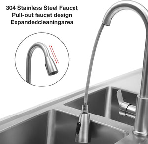 304 Stainless Steel Sink Commercial Restaurant Kitchen Sink with Drawable Hot & Cold Water Faucet