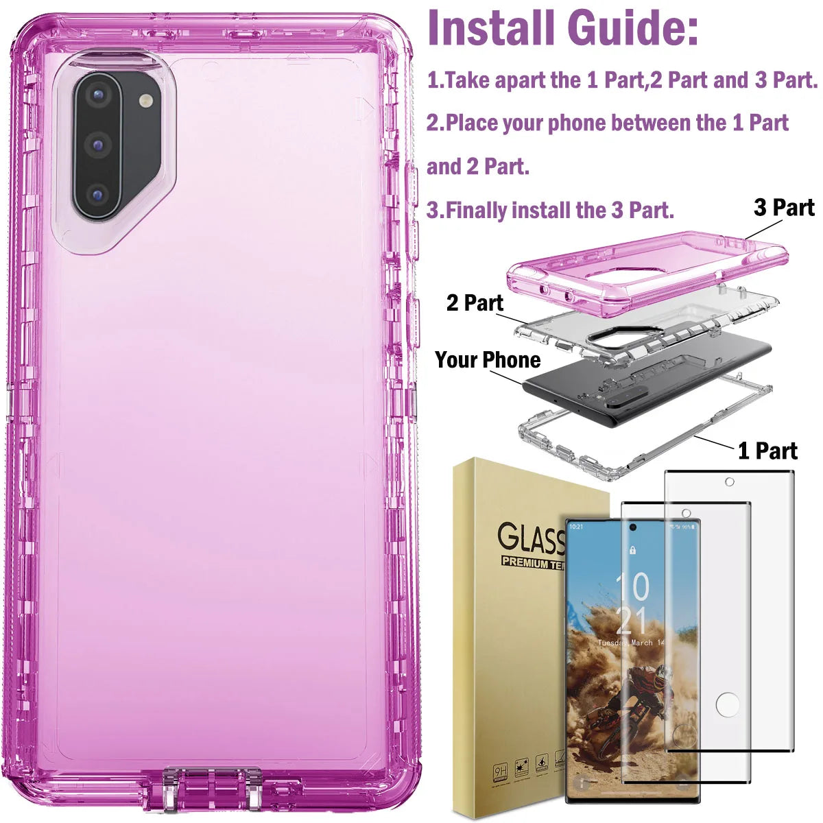 For Samsung Galaxy Note10/Plus Transparent Case Shockproof Cover And 2pcs Tempered Glass Screen Protector Case Friendly Clear