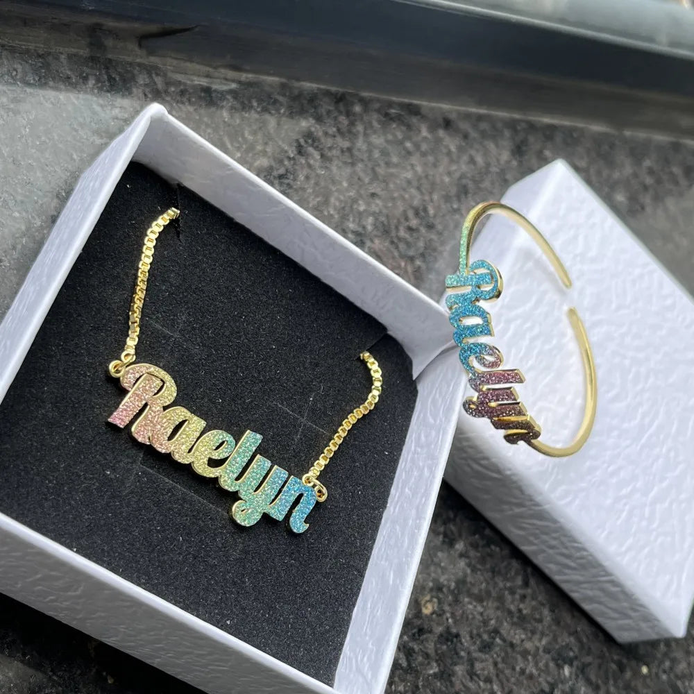 DUOYING Custom Name Necklace Colorful Dainty Glitz Glam Nameplate Bangles Cuff Stainless Steel Gold Jewelry Set For Kids