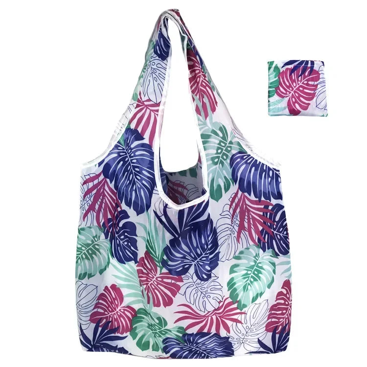 Reusable shopping bag for women by Hot Trend Vault, large eco foldable tote with case, shown in the image.