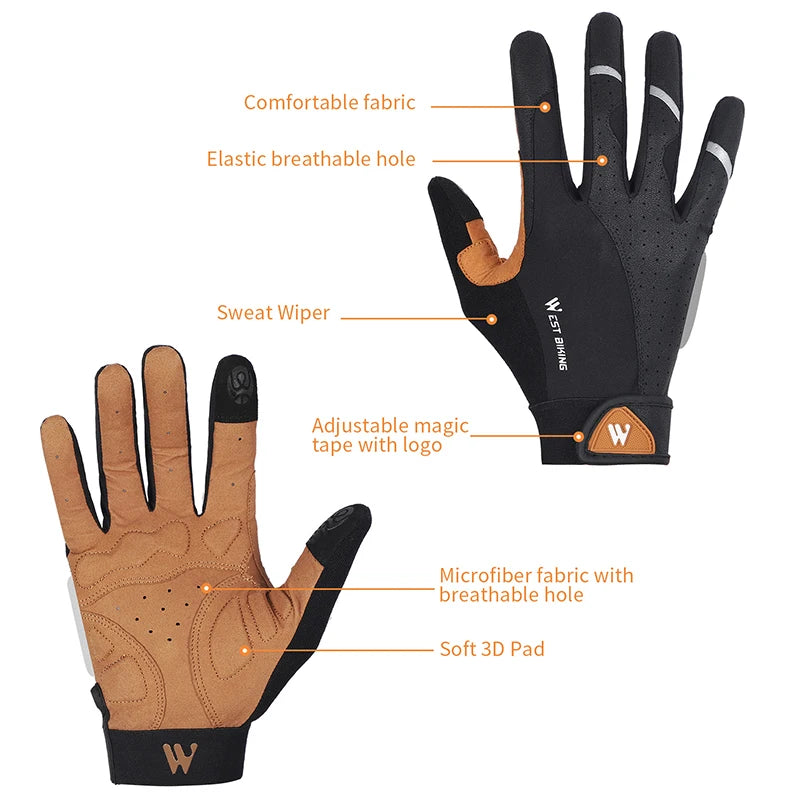 West Biking full finger cycling gloves by Hot Trend Vault, made of grippy synthetic leather and Lycra for men and women.