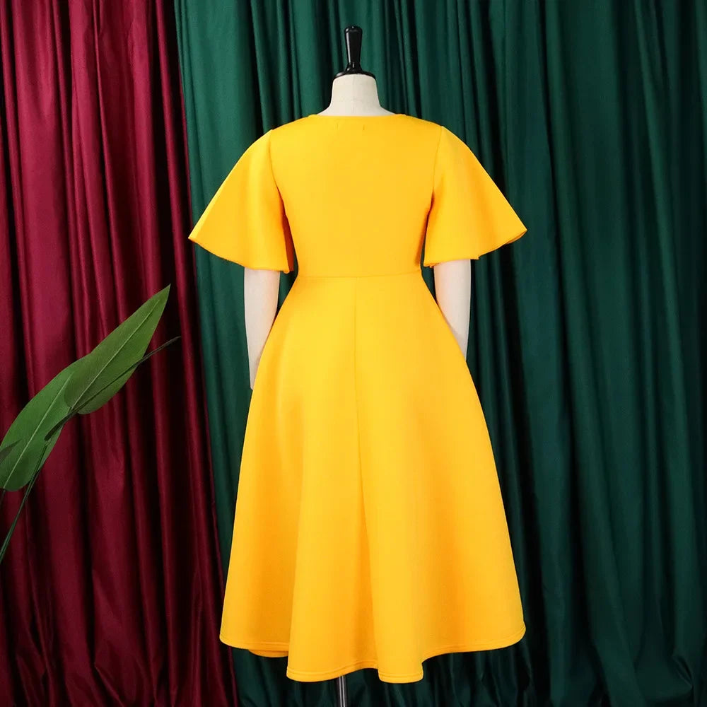 Elegant Dresses for Women V Neck Flare Sleeve High Waisted Pleated A Line Mid Calf Luxury Birthday Party Dinner Vestidos Mujer