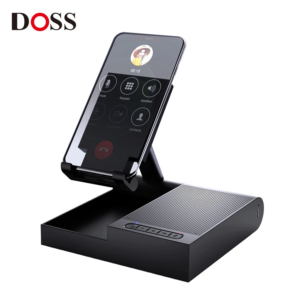 Hot Trend Vault DOSS wireless Bluetooth speaker with 15W charger, adjustable phone stand, and 8-hour playtime on a desk.