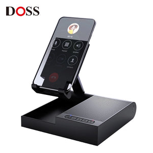 Hot Trend Vault DOSS wireless Bluetooth speaker with 15W charger, adjustable phone stand, and 8-hour playtime on a desk.
