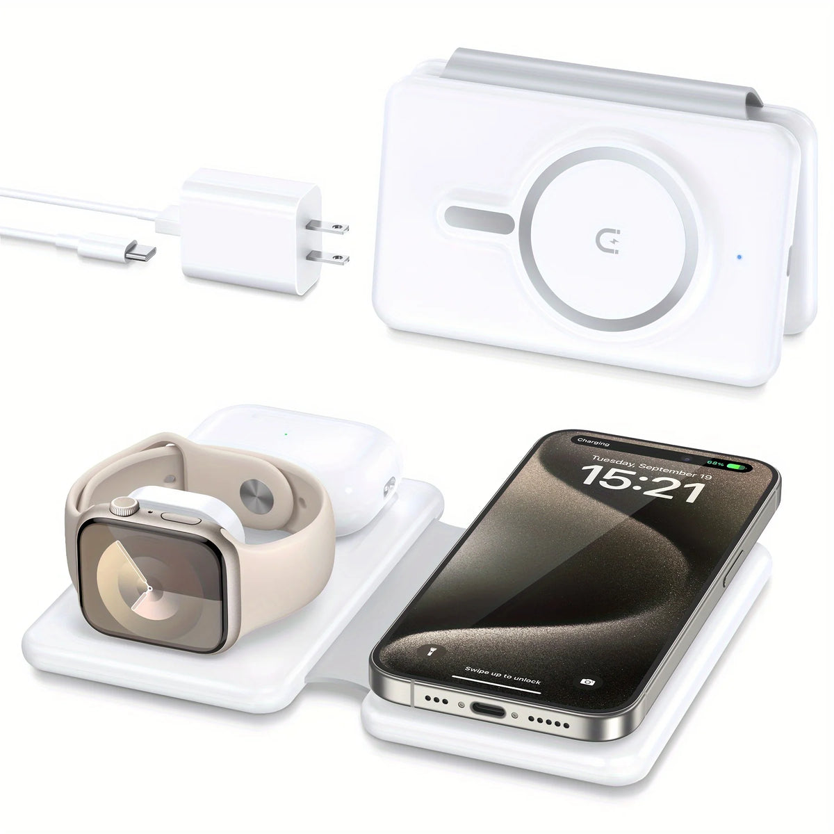 Hot Trend Vault 3-in-1 magnetic wireless charger with compact design for fast 18W charging of phones, watches, and earphones.