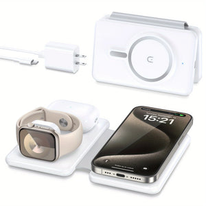 Hot Trend Vault 3-in-1 magnetic wireless charger with compact design for fast 18W charging of phones, watches, and earphones.