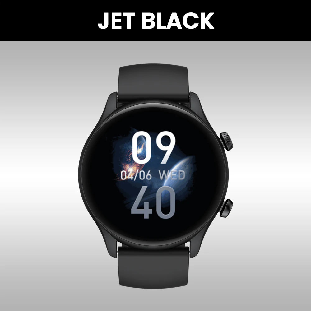 Zeblaze Btalk 3 Plus smartwatch with voice calling feature, black band and digital display showing time and notifications.